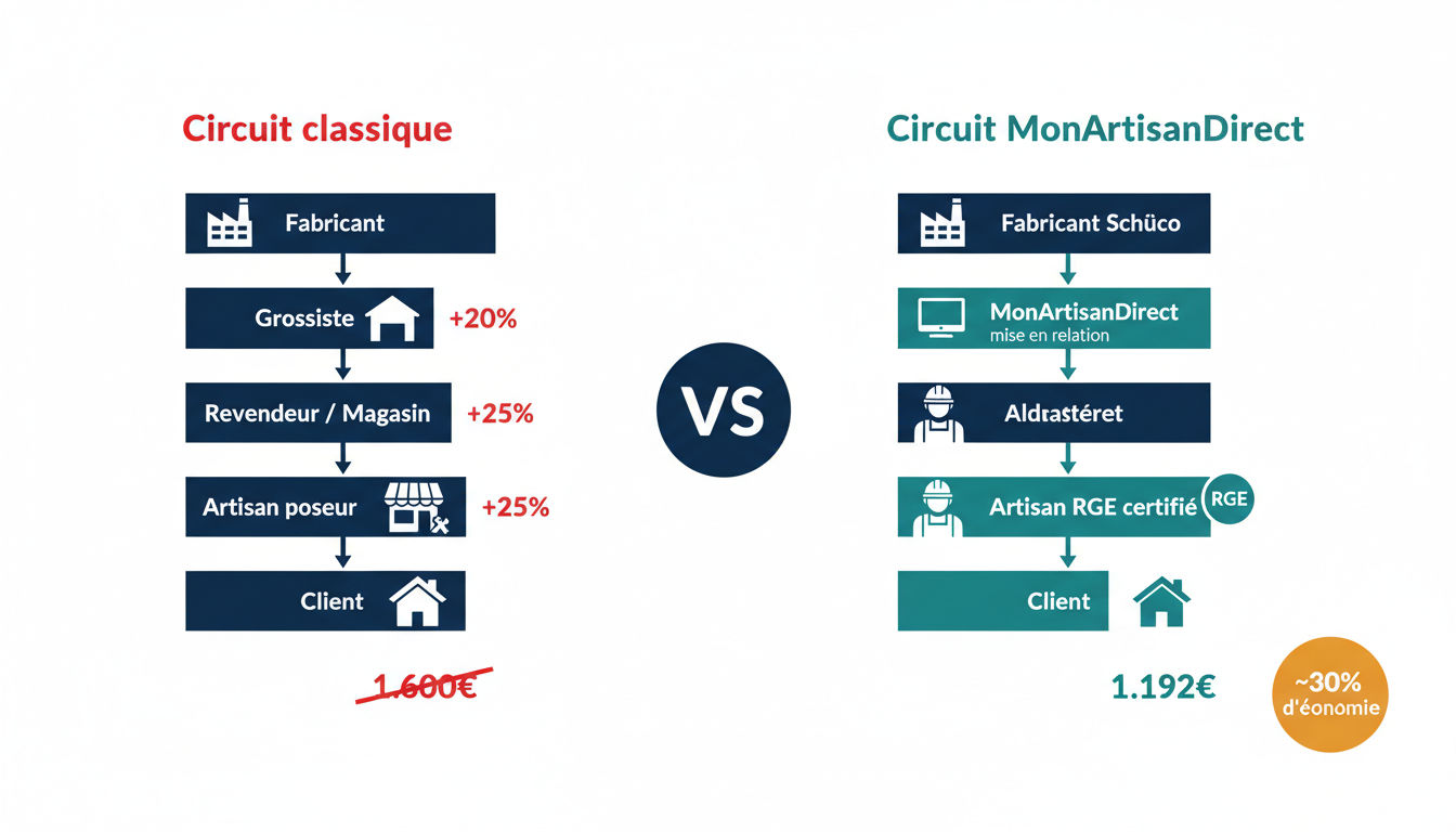 Schéma comparatif : circuit classique avec 4 intermédiaires vs circuit direct MonArtisanDirect — économie de 30%