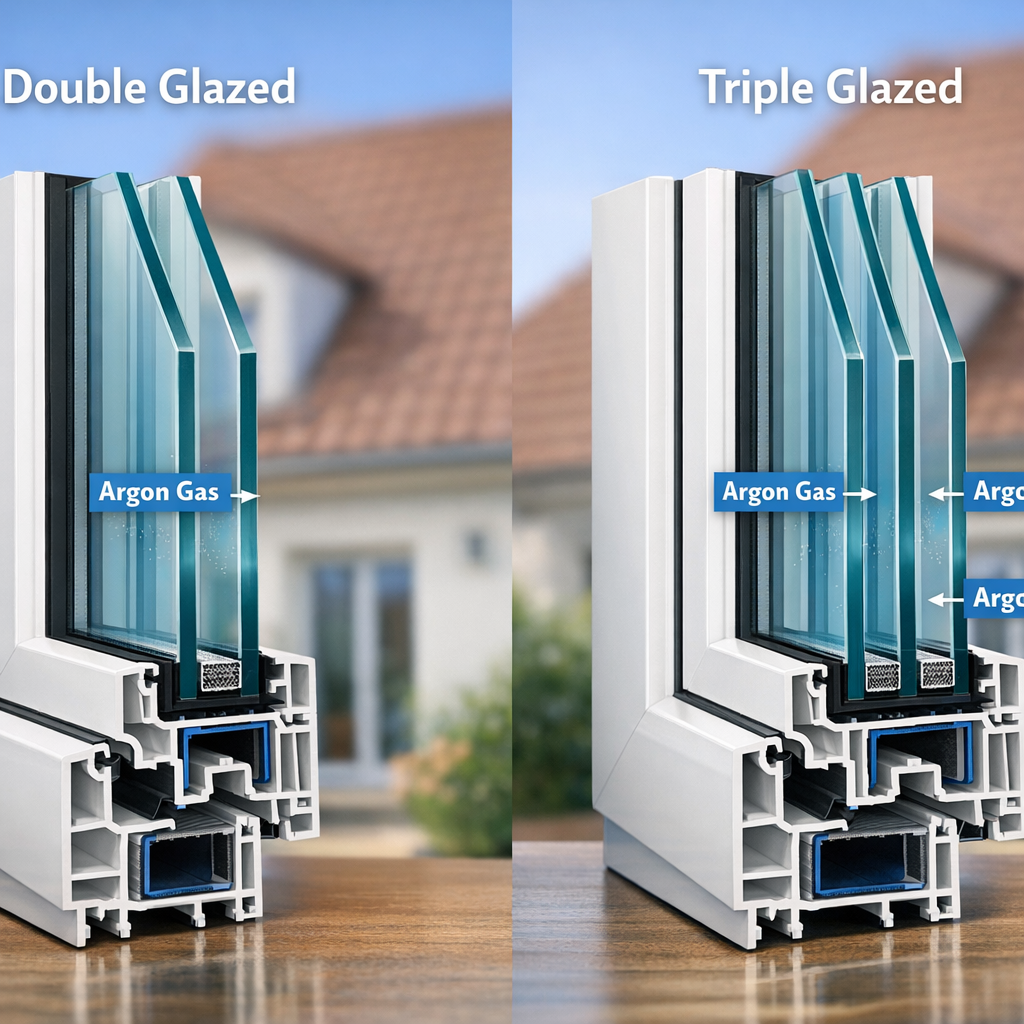 Comparaison coupe transversale double vitrage vs triple vitrage - couches de verre et lames de gaz argon