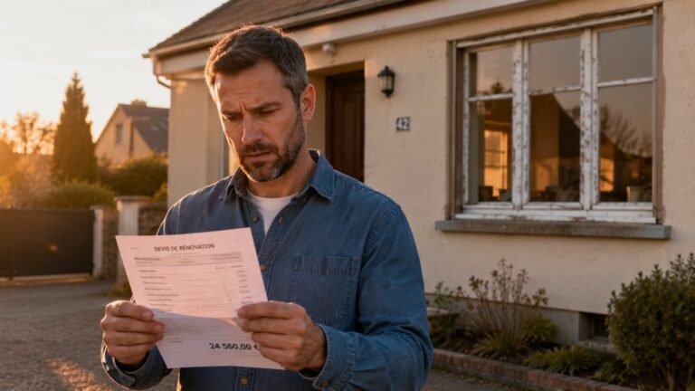 Propriétaire français devant sa maison avec vieilles fenêtres regardant un devis de rénovation de 24 560€
