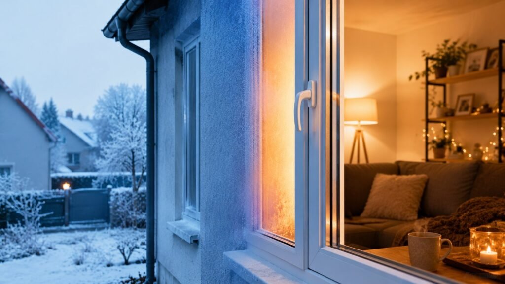 Fenêtre PVC double vitrage vue de l'extérieur en hiver - contraste froid extérieur et chaleur intérieure, illustration isolation thermique maison