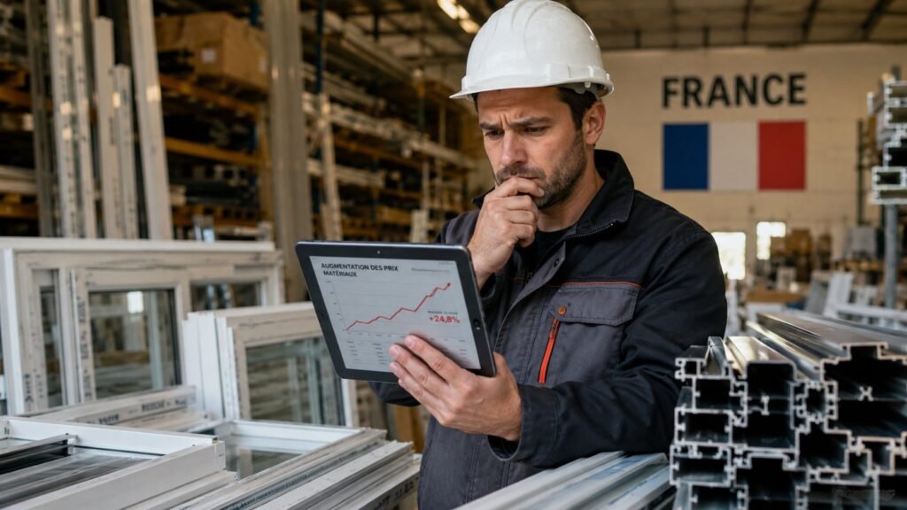 Artisan français dans un entrepôt de fenêtres PVC regardant la hausse des prix des matériaux sur une tablette