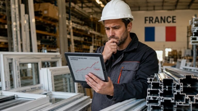 Artisan français dans un entrepôt de fenêtres PVC regardant la hausse des prix des matériaux sur une tablette