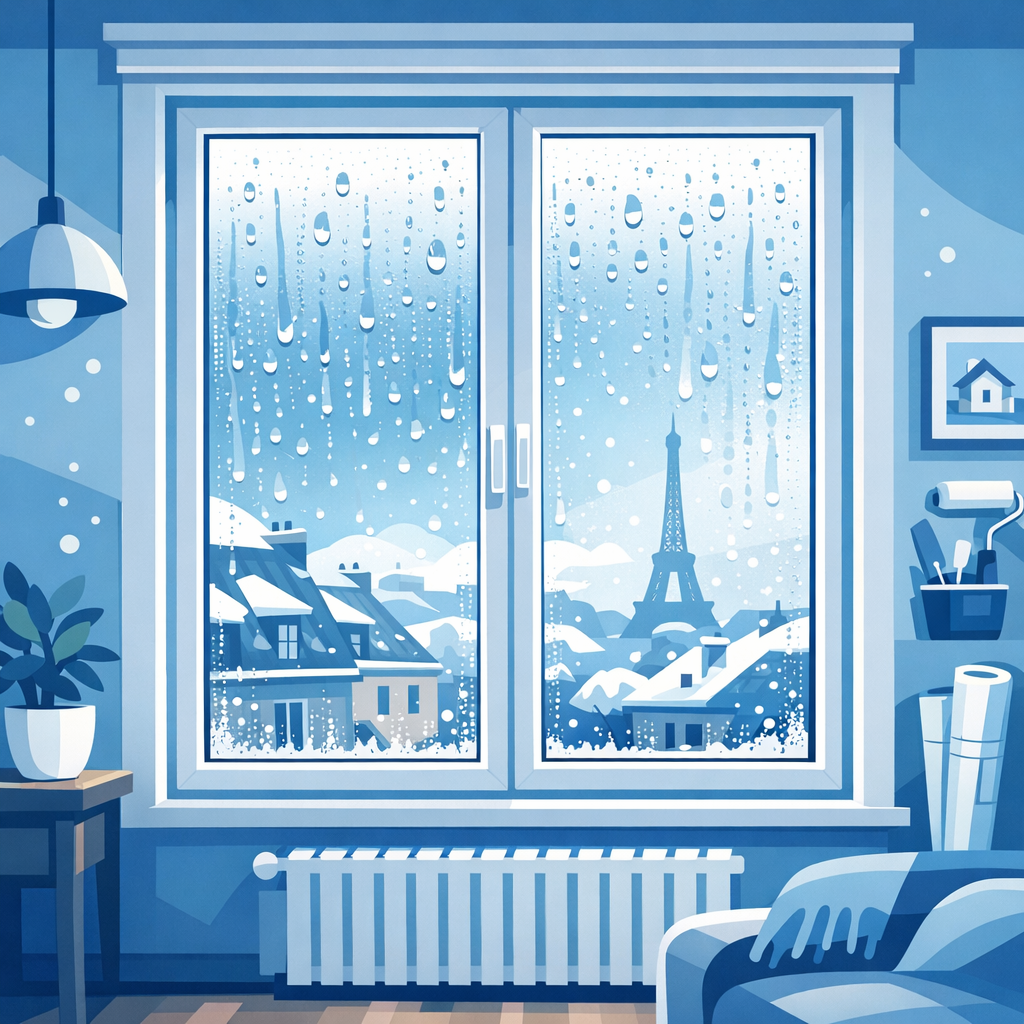Gouttelettes de condensation sur une fenêtre en hiver dans un logement français