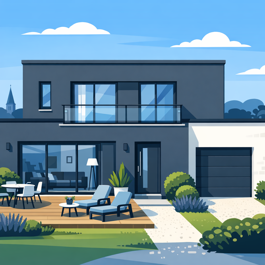 Façade de maison moderne avec fenêtres couleur anthracite et double vitrage