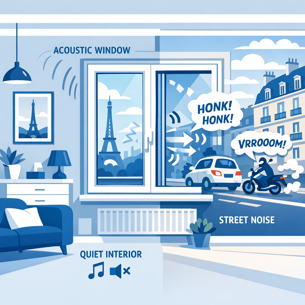 Fenêtre à vitrage acoustique face à une rue urbaine, réduction du bruit extérieur