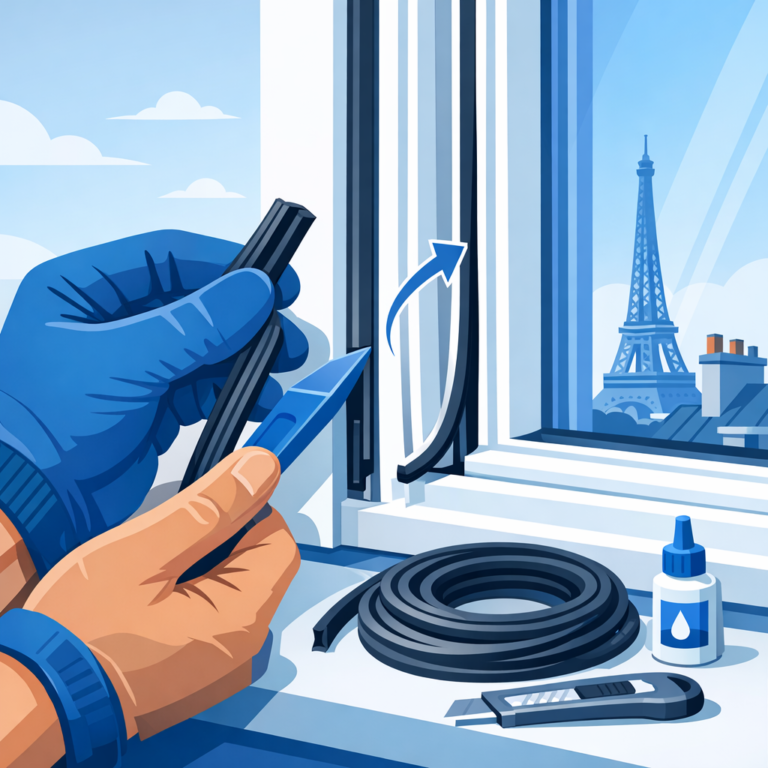 Gros plan sur un joint d'étanchéité EPDM sur une fenêtre PVC en cours de remplacement