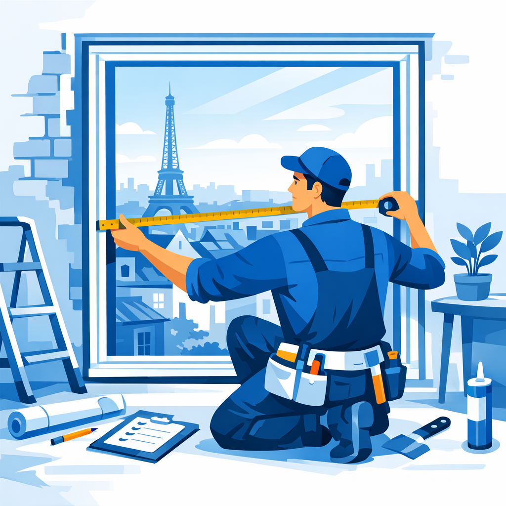 Artisan mesurant une fenêtre avant pose — éviter les arnaques aux fenêtres