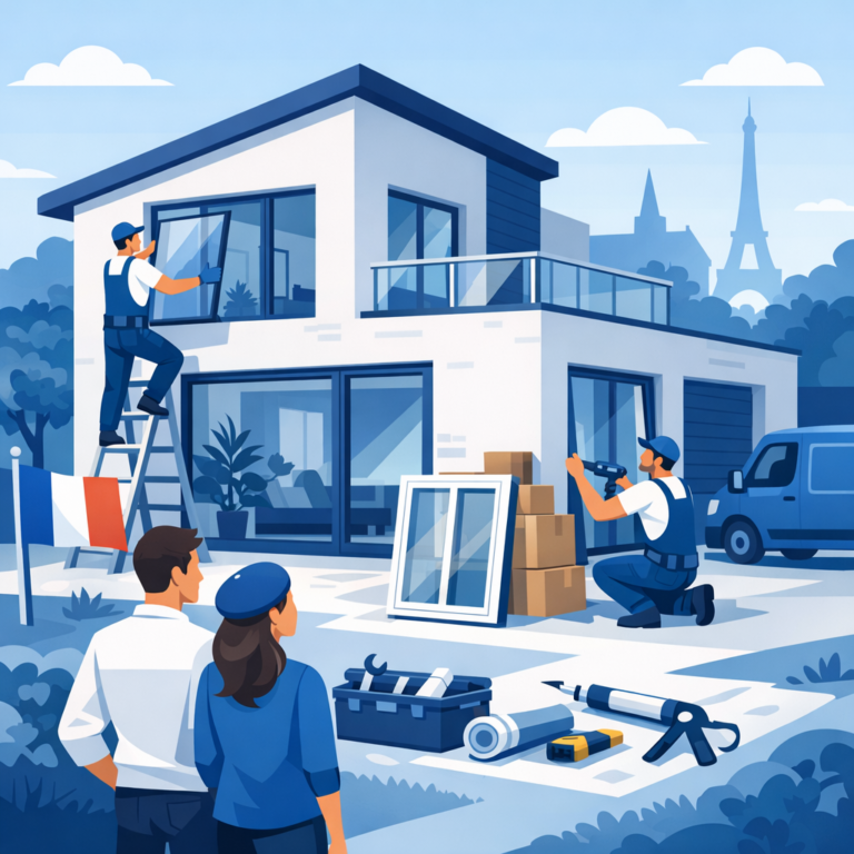 Artisan posant une fenêtre double vitrage PVC sur une maison individuelle en France