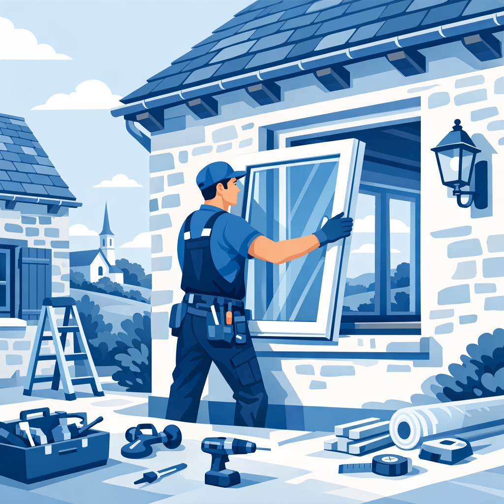 Artisan posant une fenêtre PVC double vitrage sur une maison en rénovation